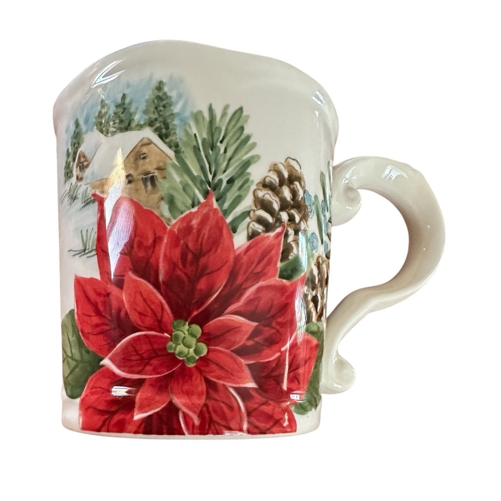 Maxcera Snowy Cabin Pinecone Poinsettia Christmas Mug